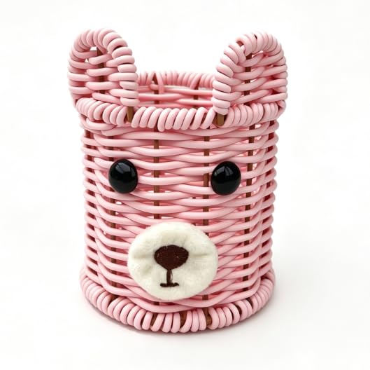 Rattan Woven Pencil Holder, Dark Brown Desk Cup, 4.2×3.2×3.2in