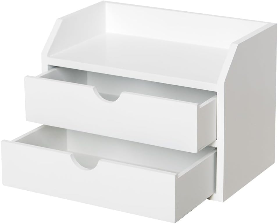 ROSE BLOOM White Wood Desk Organizer with 2 Drawers, Mini Cabinet with Storage Shelf for Tabletop, Small Box for Cosmetic Office Supplies