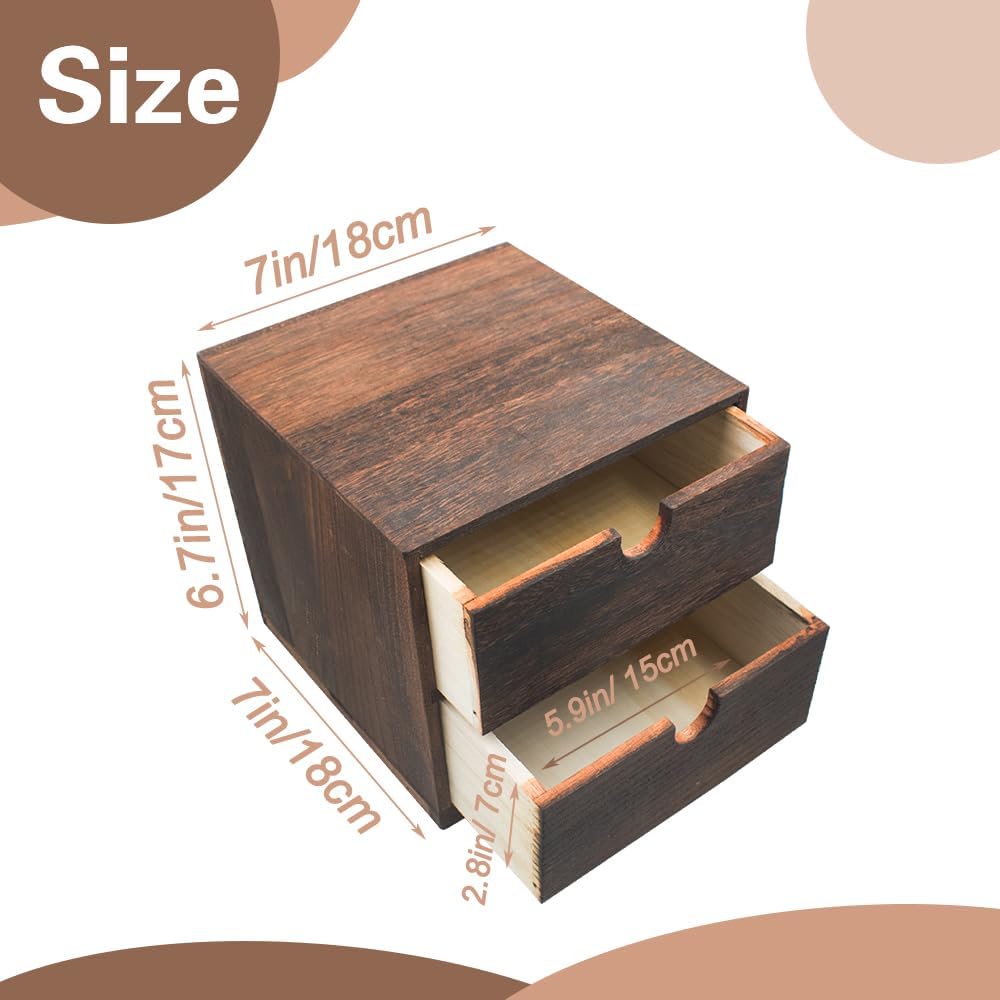 2-Drawer Desk Organizer Rustic Wooden Drawer Organizer for Storing Small Items Wood Countertop Drawer Organizers Storage Drawers for Desk Heavy Carbonization Farmhouse Storage Box (7 x 7in)