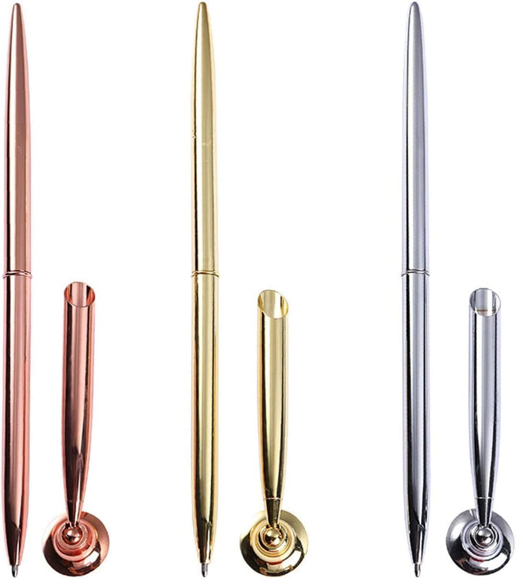 2Pcs Gold Pen And Pen Stand Round Pen Holder Signing Pen Set Metal Attached To Desk Base Stands For Wedding Office Ballpoint Set Ballpoint Attached Base Desk Writing Supplies