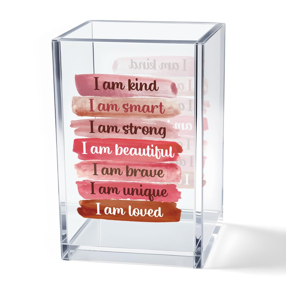 God is Within Her She Will Not Fall Psalm 46:5 Acrylic Cosmetic Pencil Pen Holder Cup, Pink Preppy Bow Desk Organizer for Home Office Decor, Christian Faith Gifts for Women Girls Coworkers Lady