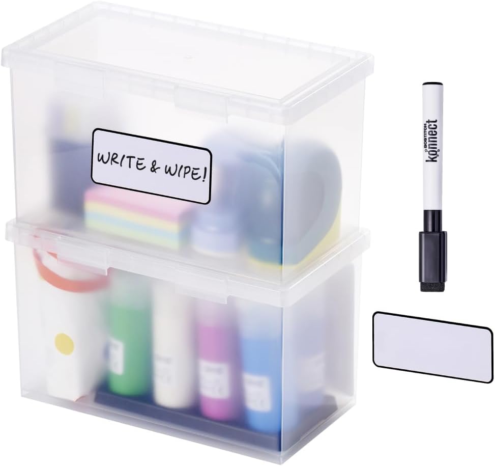 Bostitch Konnect Storage Containers with Lids, Office Organizer, Clear Plastic Box, Desk and Home Organizer, Labels, 4 Qt, 2 Pack