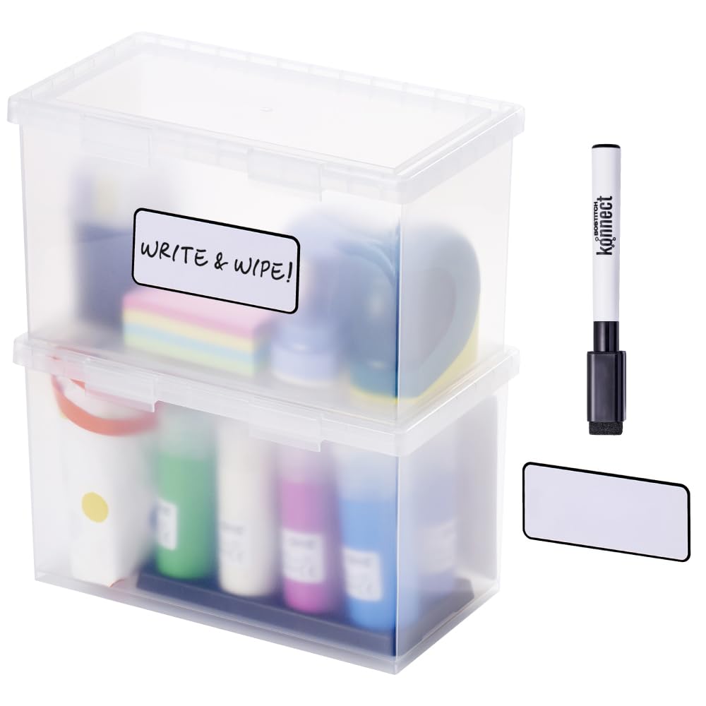 Bostitch Konnect Storage Containers with Lids, Office Organizer, Clear Plastic Box, Desk and Home Organizer, Labels, 4 Qt, 2 Pack