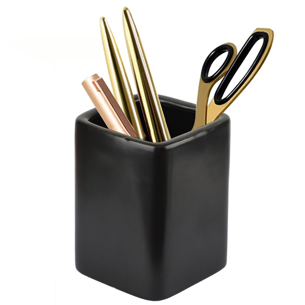 Square Ceramics Desk Pencil Holder for Men and Woman, Suitable for Offices and Homes(Black)