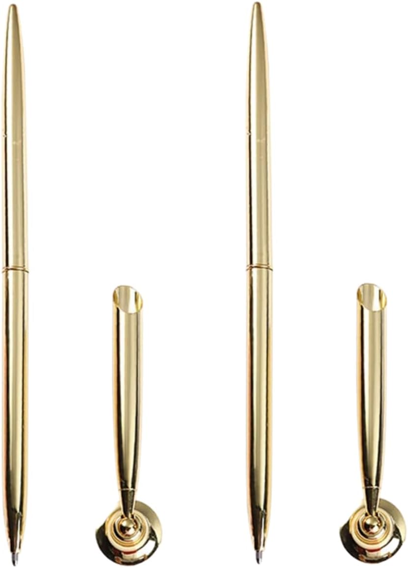 2Pcs Gold Pen And Pen Stand Round Pen Holder Signing Pen Set Metal Attached To Desk Base Stands For Wedding Office Ballpoint Set Ballpoint Attached Base Desk Writing Supplies