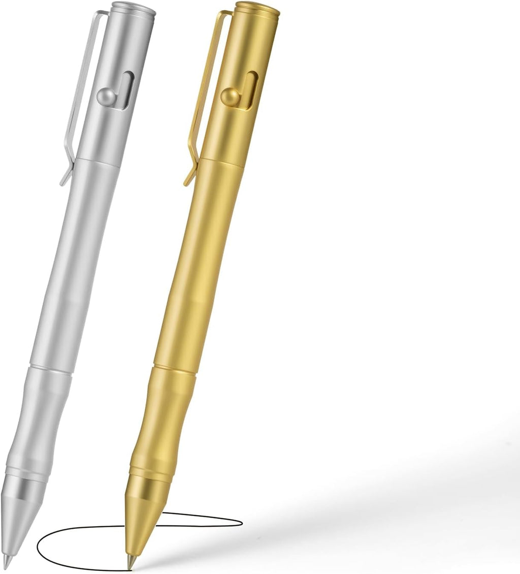 Origin-Joy Brass Bolt Action Pen Set, Heavy Duty EDC Copper Metal Tactile Turn Pen With Gel Ink Refills (Nickel White & Gold)