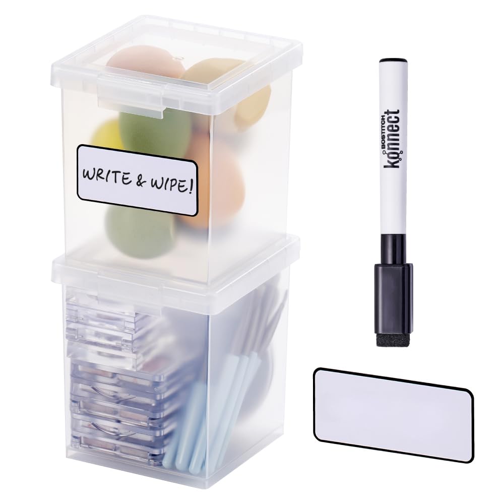 Bostitch Konnect Storage Containers with Lids, Office Organizer, Clear Plastic Box, Desk and Home Organizer, Labels, 4 Qt, 2 Pack