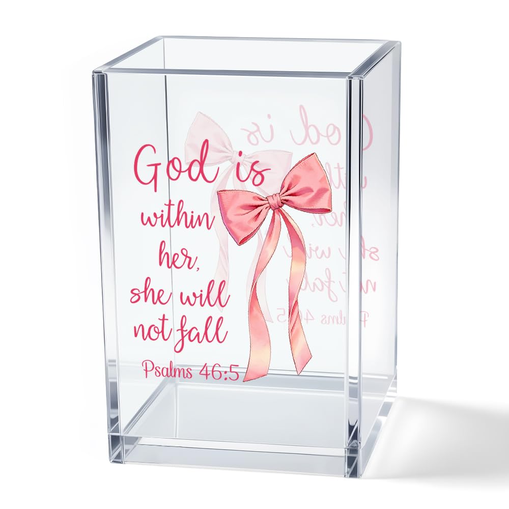 God is Within Her She Will Not Fall Psalm 46:5 Acrylic Cosmetic Pencil Pen Holder Cup, Pink Preppy Bow Desk Organizer for Home Office Decor, Christian Faith Gifts for Women Girls Coworkers Lady