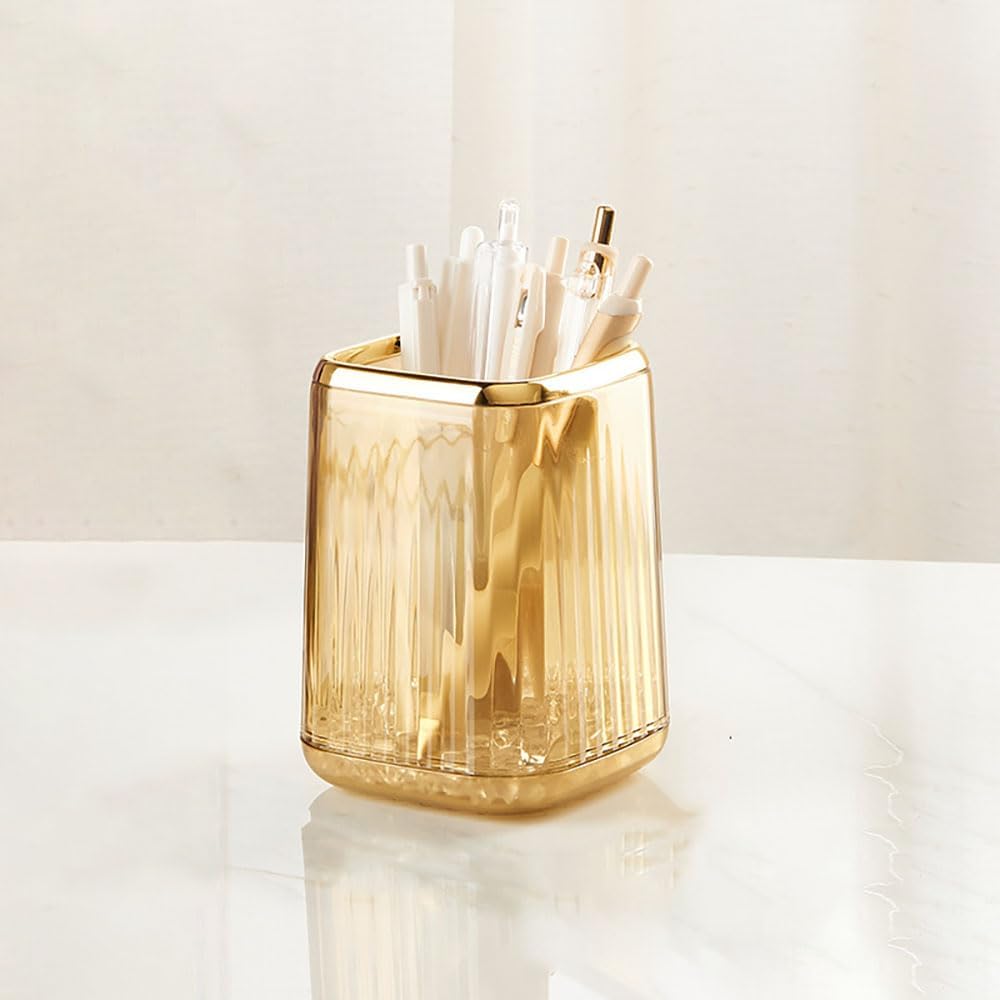 Acrylic Pen Holder, Cute Clear Gold Desk Organizer for Pencils, Makeup Brushes Toothbrushes with Striped Design for Vanity Bathroom Storage Cup