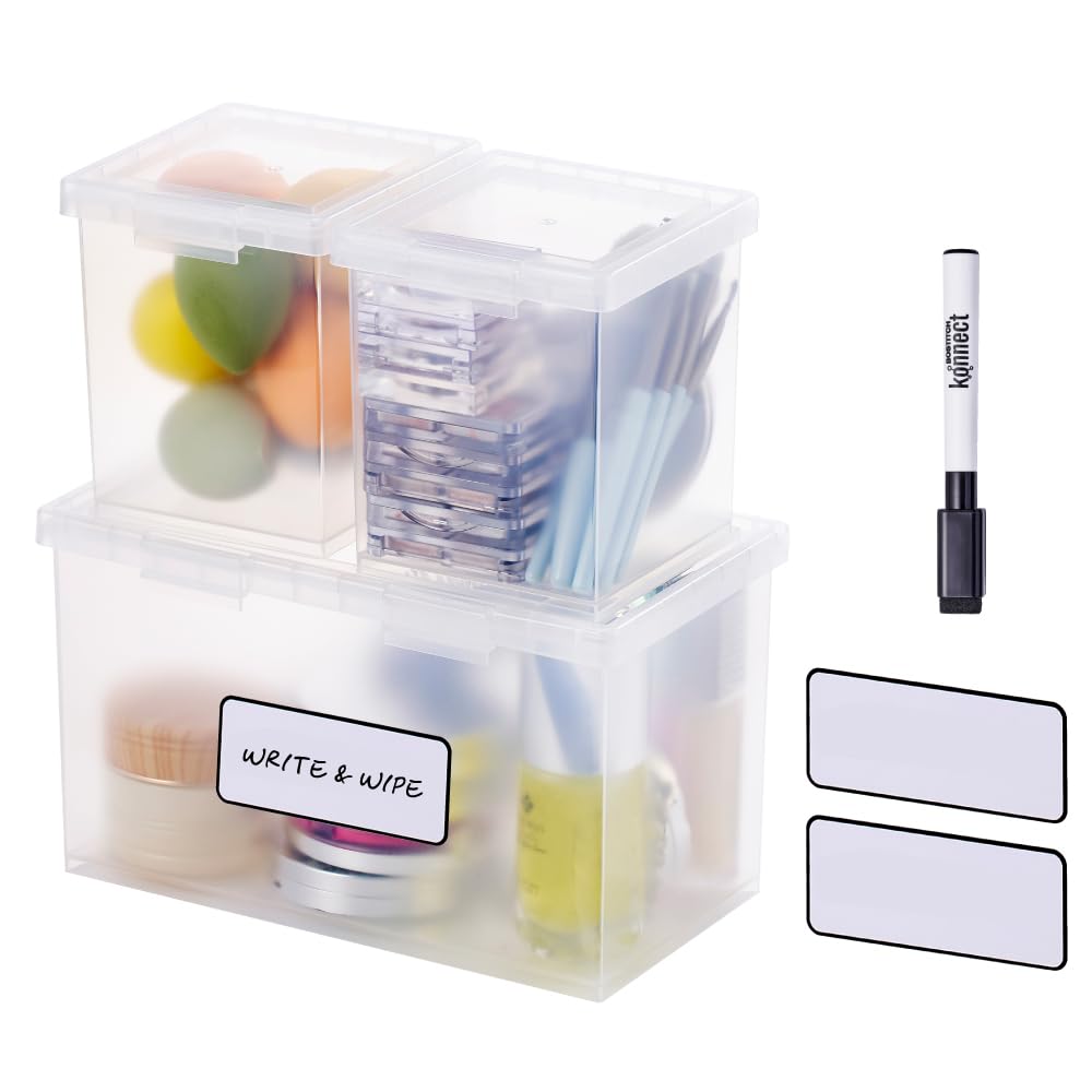 Bostitch Konnect Storage Containers with Lids, Office Organizer, Clear Plastic Box, Desk and Home Organizer, Labels, 4 Qt, 2 Pack