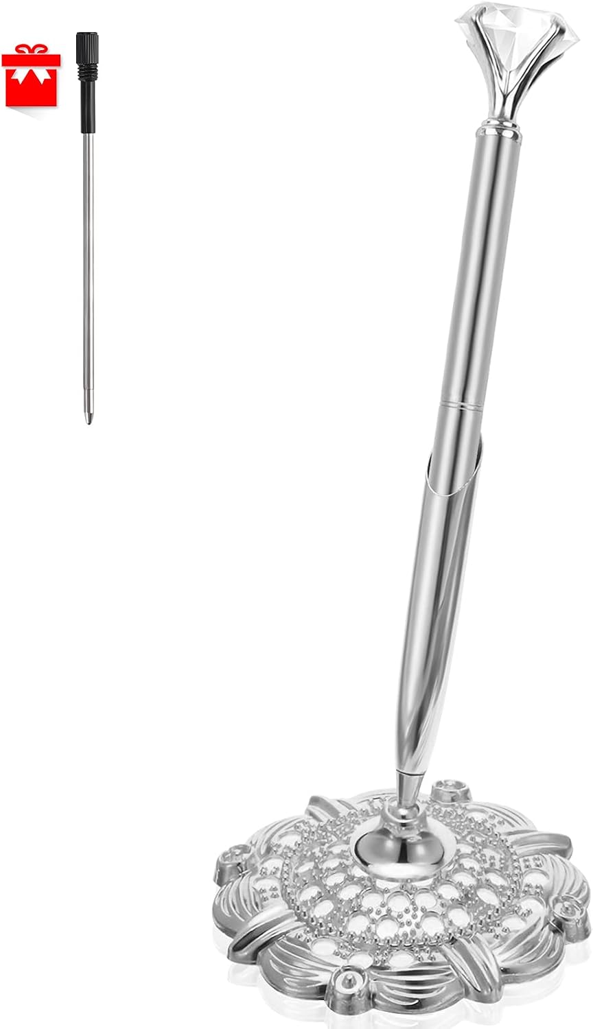 Hollow Round Pen Holder Signing Pen Set with Big Diamond Crystal Pen for Wedding Bridal Opening Ceremony Graduation Office, Silver(Black Ink)