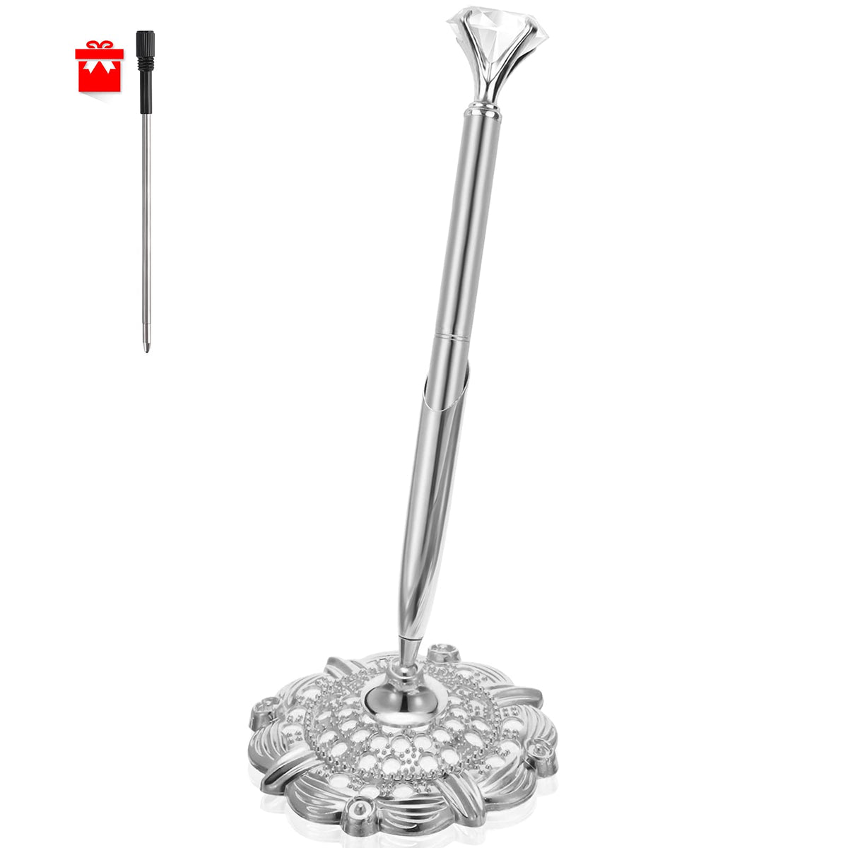Hollow Round Pen Holder Signing Pen Set with Big Diamond Crystal Pen for Wedding Bridal Opening Ceremony Graduation Office, Silver(Black Ink)