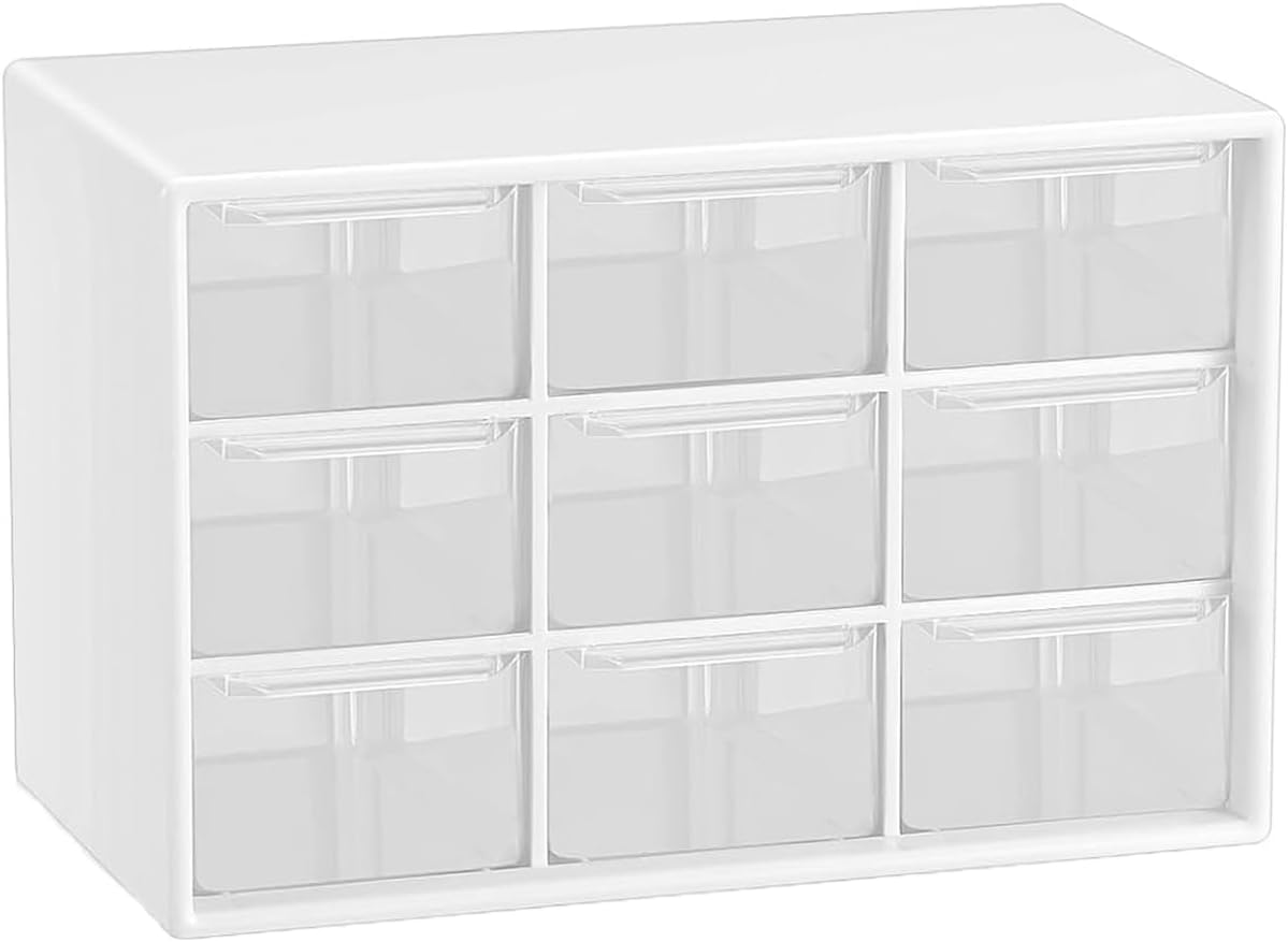 Small Drawer Organizer for Desk, 7.1" x 3. 8" x 4.6" Mini Desktop Drawer Organizer with 9 Clear Drawers, Plastic Desktop Craft Storage Box for Desk Office School Home (White)