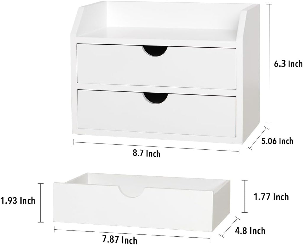 ROSE BLOOM White Wood Desk Organizer with 2 Drawers, Mini Cabinet with Storage Shelf for Tabletop, Small Box for Cosmetic Office Supplies