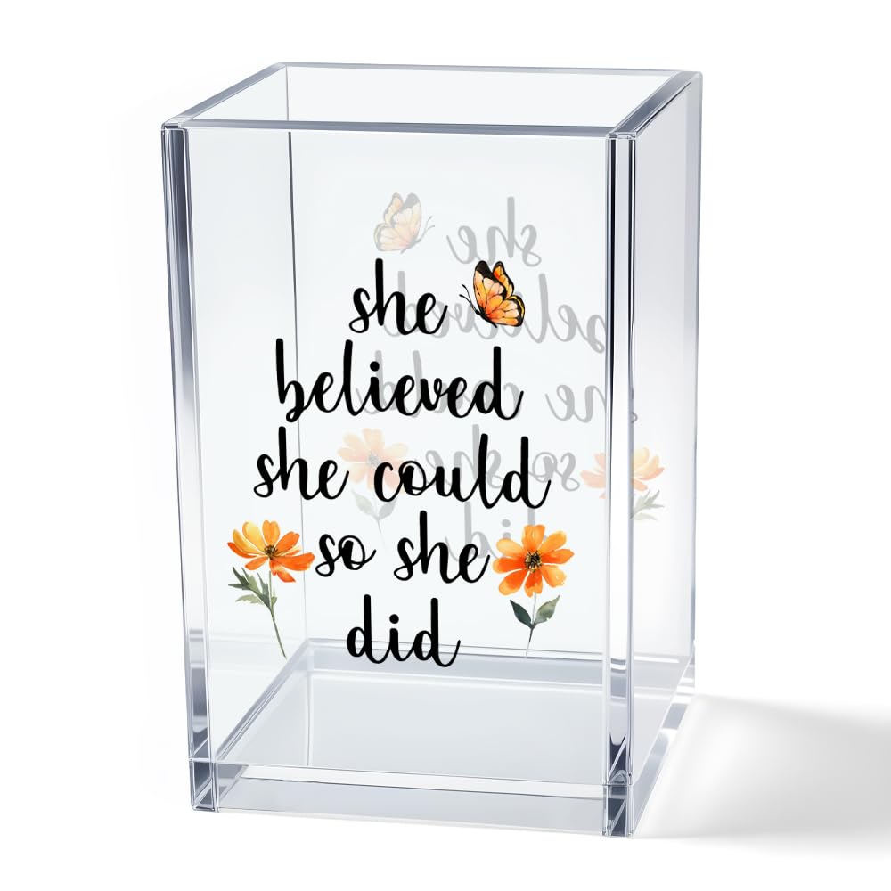 God is Within Her She Will Not Fall Psalm 46:5 Acrylic Cosmetic Pencil Pen Holder Cup, Pink Preppy Bow Desk Organizer for Home Office Decor, Christian Faith Gifts for Women Girls Coworkers Lady
