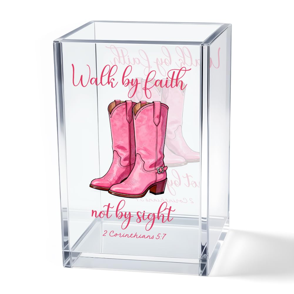 God is Within Her She Will Not Fall Psalm 46:5 Acrylic Cosmetic Pencil Pen Holder Cup, Pink Preppy Bow Desk Organizer for Home Office Decor, Christian Faith Gifts for Women Girls Coworkers Lady