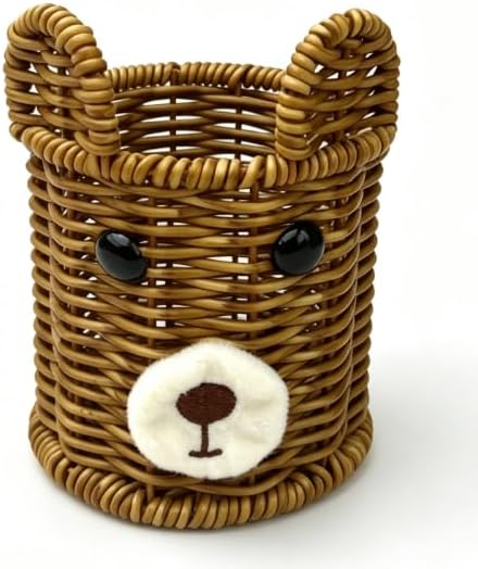 Rattan Woven Pencil Holder, Dark Brown Desk Cup, 4.2×3.2×3.2in