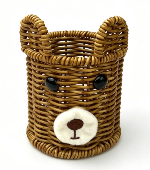 Rattan Woven Pencil Holder, Dark Brown Desk Cup, 4.2×3.2×3.2in