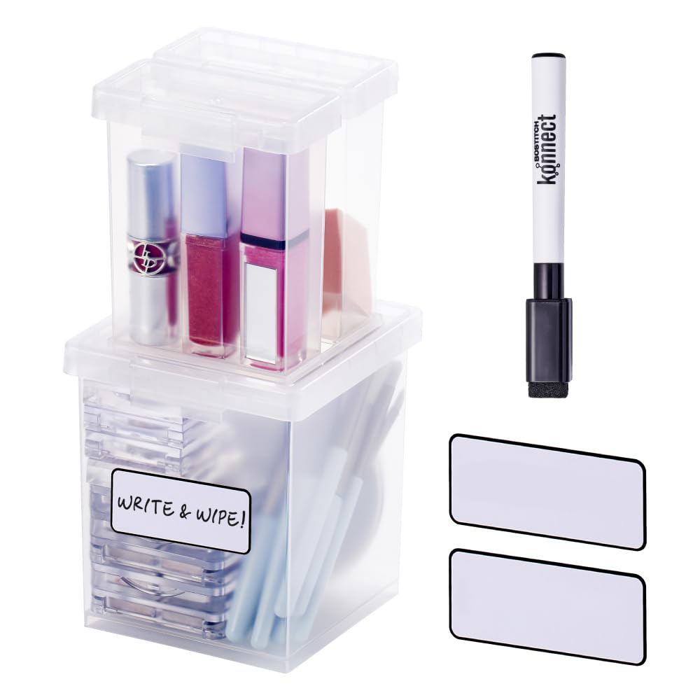 Bostitch Konnect Storage Containers with Lids, Office Organizer, Clear Plastic Box, Desk and Home Organizer, Labels, 4 Qt, 2 Pack