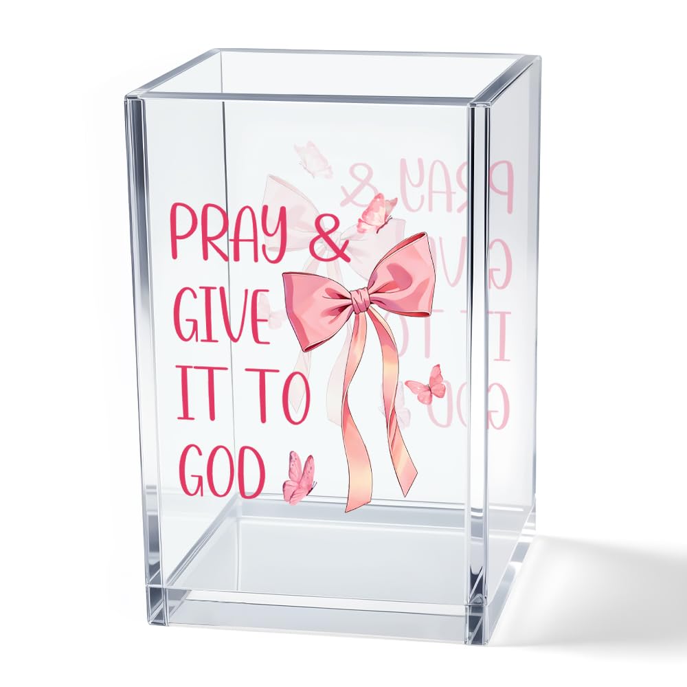 God is Within Her She Will Not Fall Psalm 46:5 Acrylic Cosmetic Pencil Pen Holder Cup, Pink Preppy Bow Desk Organizer for Home Office Decor, Christian Faith Gifts for Women Girls Coworkers Lady