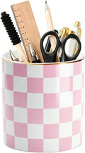 Ceramic Checkered Pen Holder For Desk Cute Stand Gold Line Pencil Cup Pot Desk Organizer Makeup Brush Holder for Girls,Women (Pink-white)
