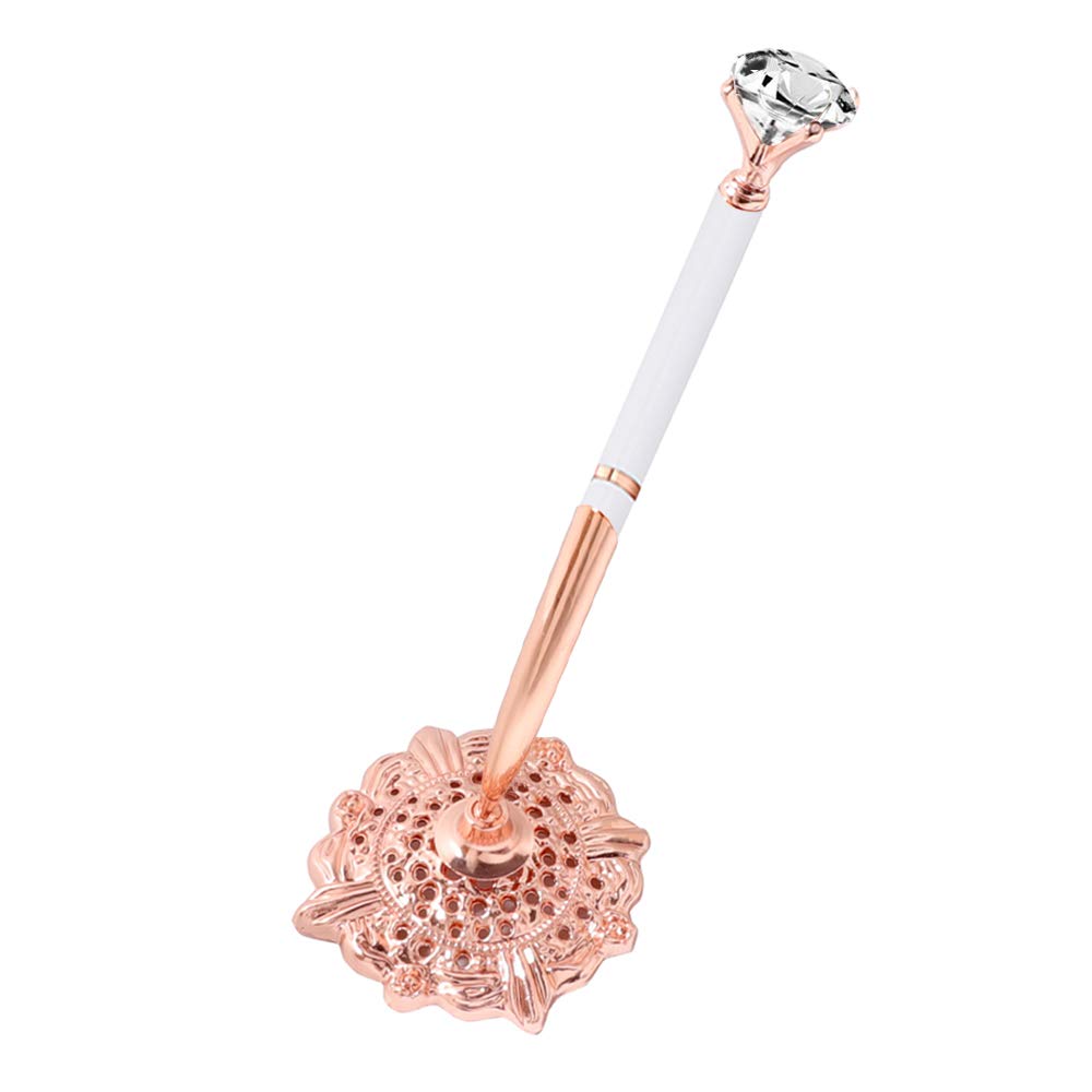 Hollow Round Pen Holder Signing Pen Set with Big Diamond Crystal Pen for Wedding Bridal Opening Ceremony Graduation Office, Silver(Black Ink)