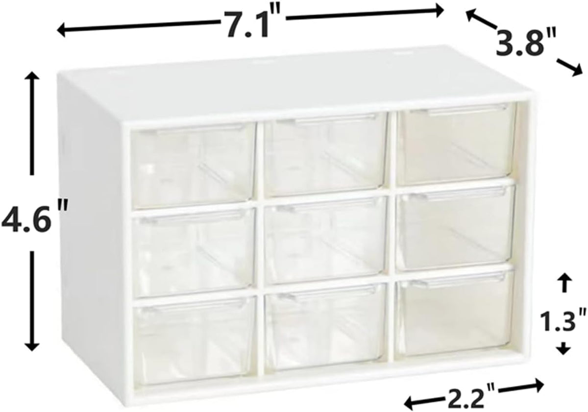 Small Drawer Organizer for Desk, 7.1" x 3. 8" x 4.6" Mini Desktop Drawer Organizer with 9 Clear Drawers, Plastic Desktop Craft Storage Box for Desk Office School Home (White)