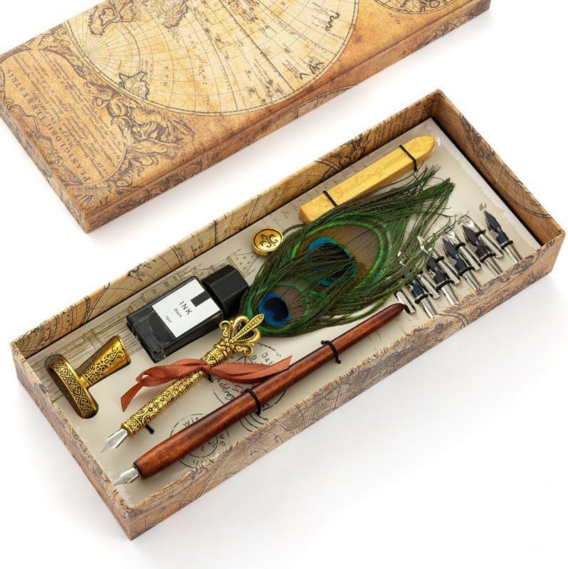 Peacock Feather Pen and Ink Set, Wax Seal Kit Present Box