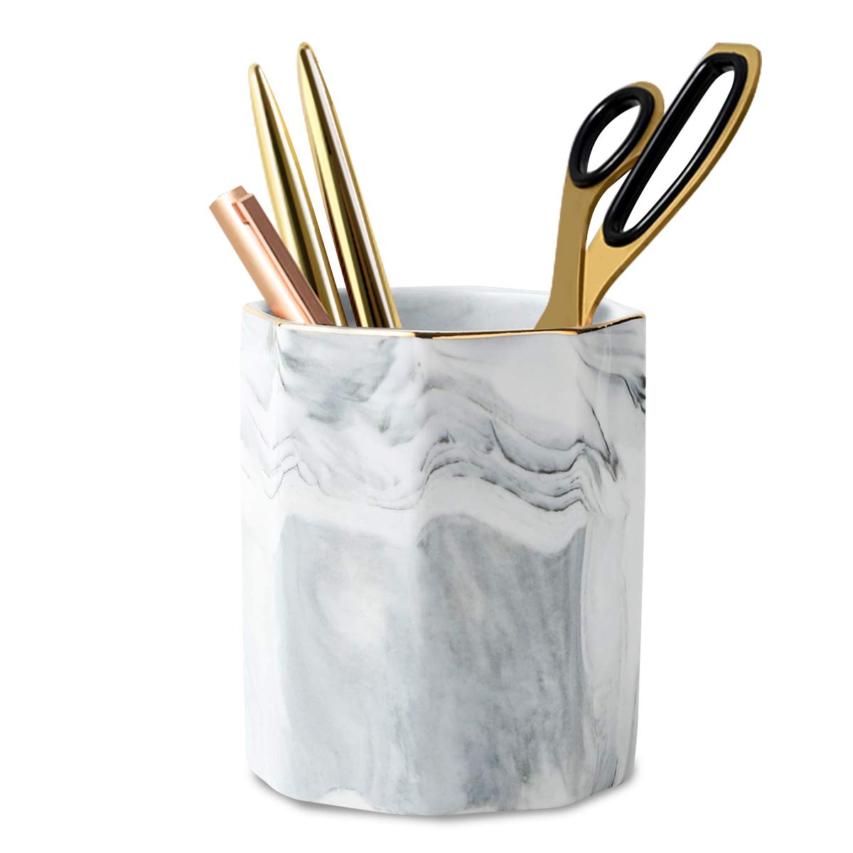 Pencil Holder, Pencil Cup for Desk, Makeup Brush Holder Cup, Cute Pencil Stand Marble Decorative for Kids Durable Ceramic Desk Organizer for Office, Classroom, Home, Antique Green Marble