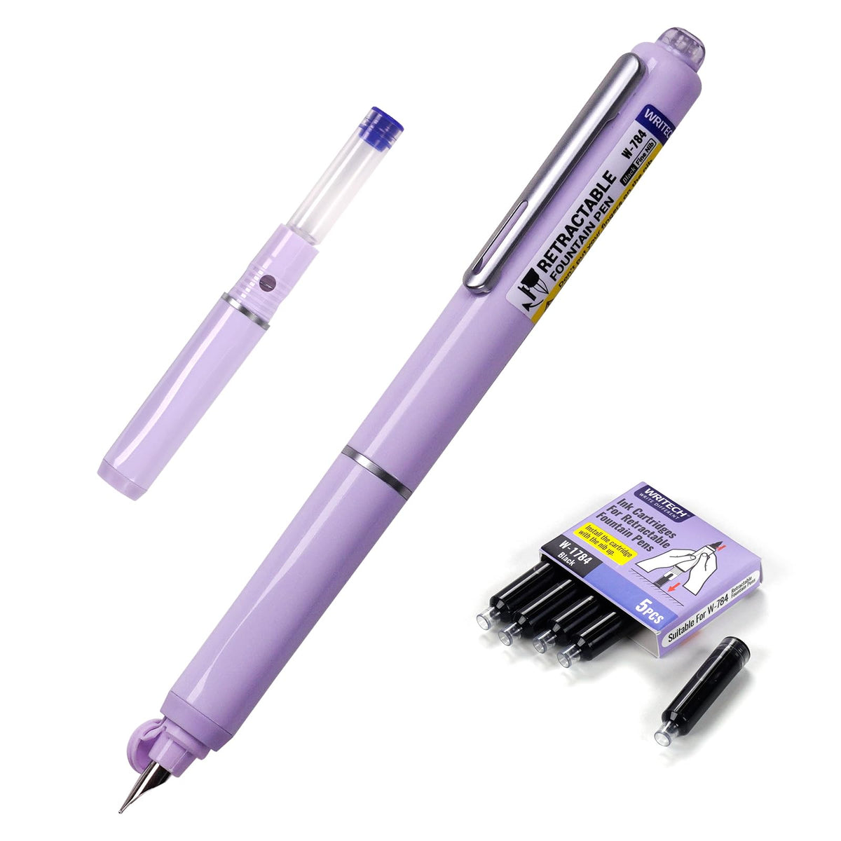WRITECH Fountain Pen Fine Nib: Retractable Black Ink Pens Set Includes 5 Ink Cartridges Smooth Writing for Calligraphy Sketching Journaling Gift (Purple)