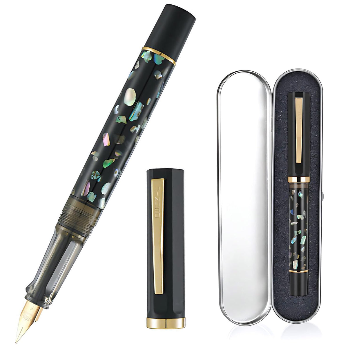 Jinhao 58 Fountain Pen Gift Set of 2 - Natural Sea Shell Inlay Fine Nib Luxury Writing Pens with Jinhao Orange Box & Ink Converters, Black & White