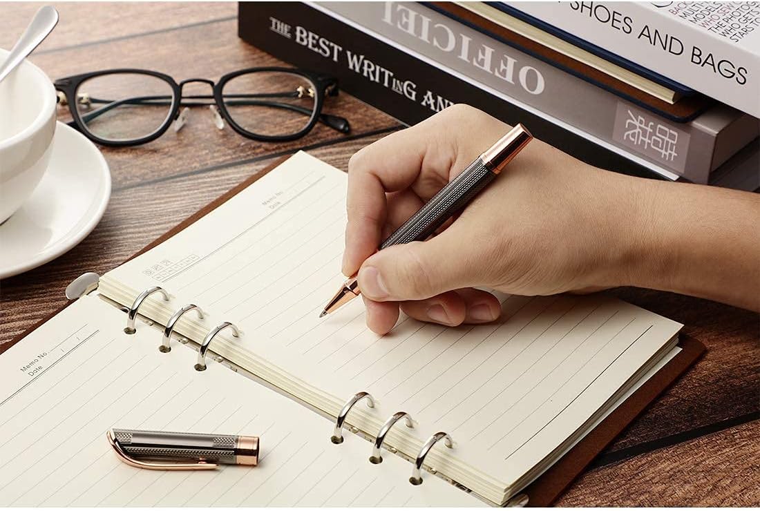 Ballpoint and Rollerball Pen Set, Stylish Line Engraved Metal Pen Elegant Smooth Writing Gift Pen (2 Pens with 2 Extra Refills)