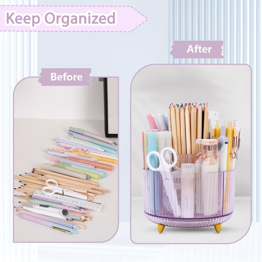 SKYDUE Rotating Pencil Pen Holder, Pen Organizer with 5 Slots - Aesthetic Desk Organizer and Accessories for School, Home, Office Supplies