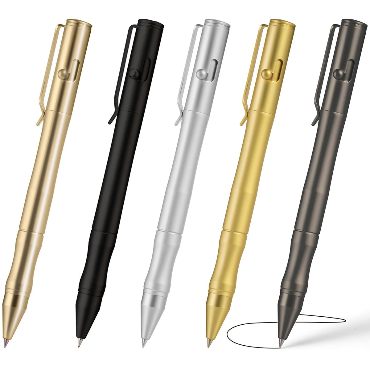 Origin-Joy Brass Bolt Action Pen Set, Heavy Duty EDC Copper Metal Tactile Turn Pen With Gel Ink Refills (Nickel White & Gold)