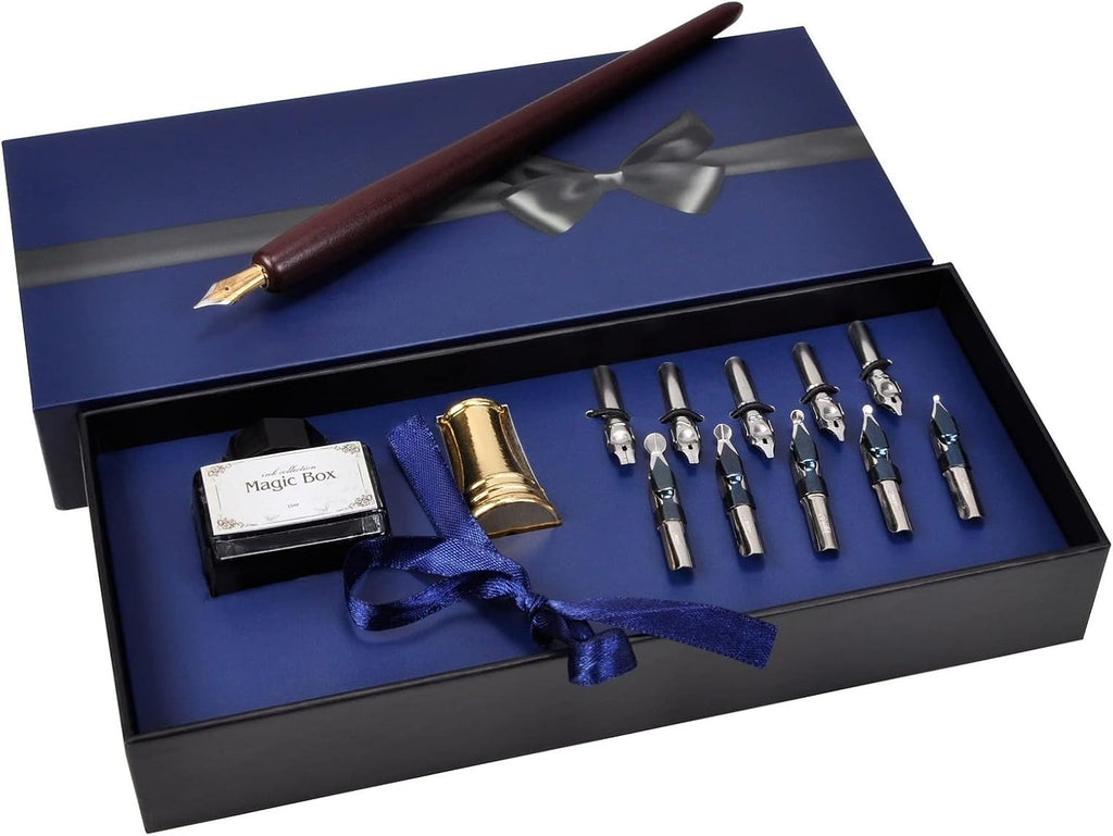 Plotube Calligraphy Pen Set, 11 Nibs, Black Ink, Pen Stand