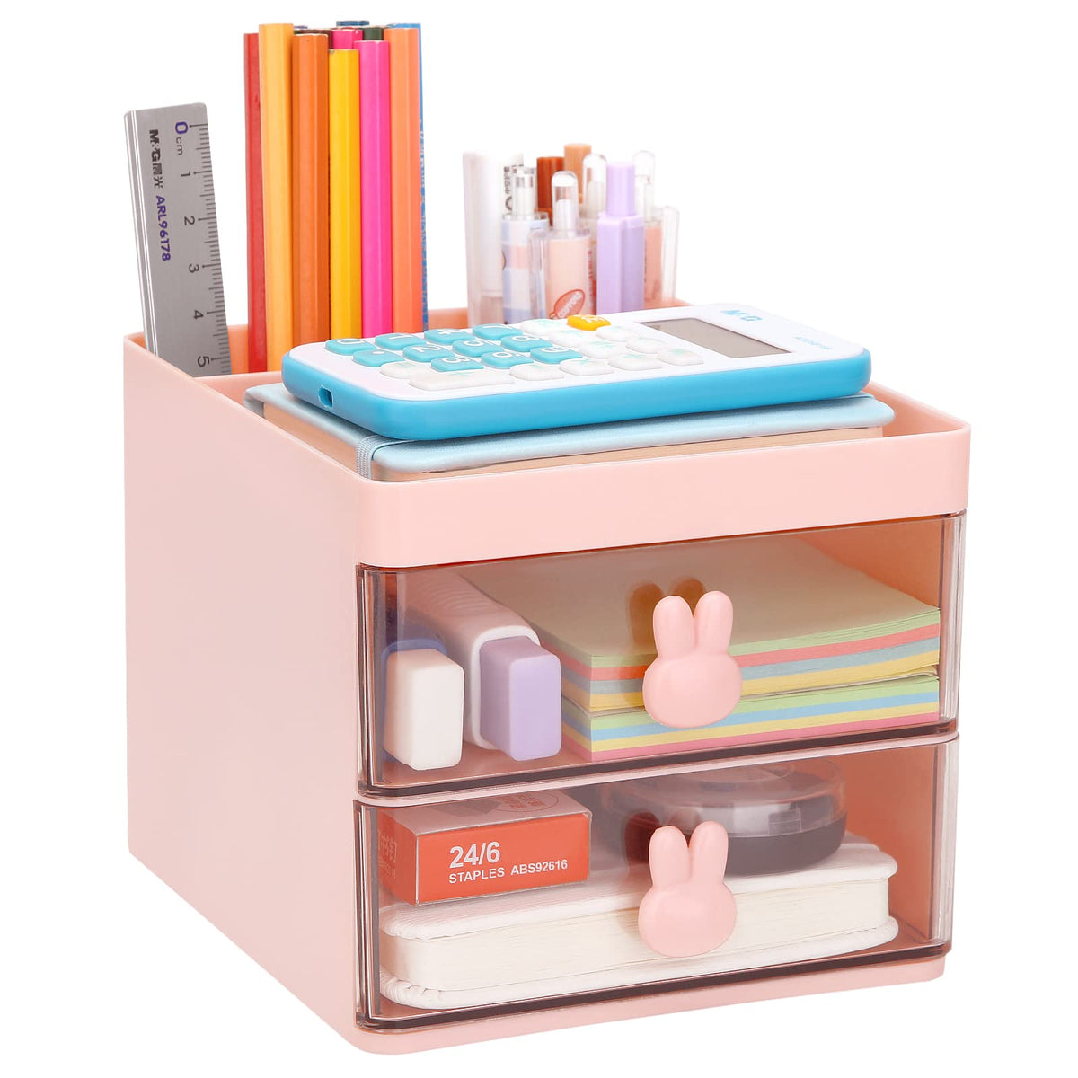 LETURE Small Desk Organizer With Drawer, Office Desktop Storage Box, Business Card/Pen/Pencil/Mobile Phone/Stationery Holder Storage Box, Makeup Organizer for Office School Home (White)