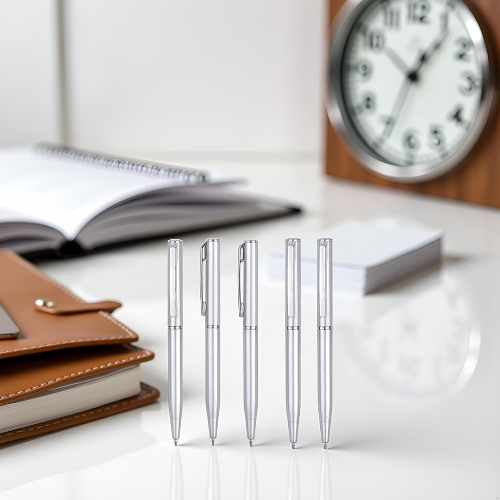5 Pcs Silver Small Pens Mini, Retractable Ballpoint, Writing Pen Short Pens Stainless Steel Point Pen with Copper Fittings Ballpoint Pen Small Personalized for Pockets Business