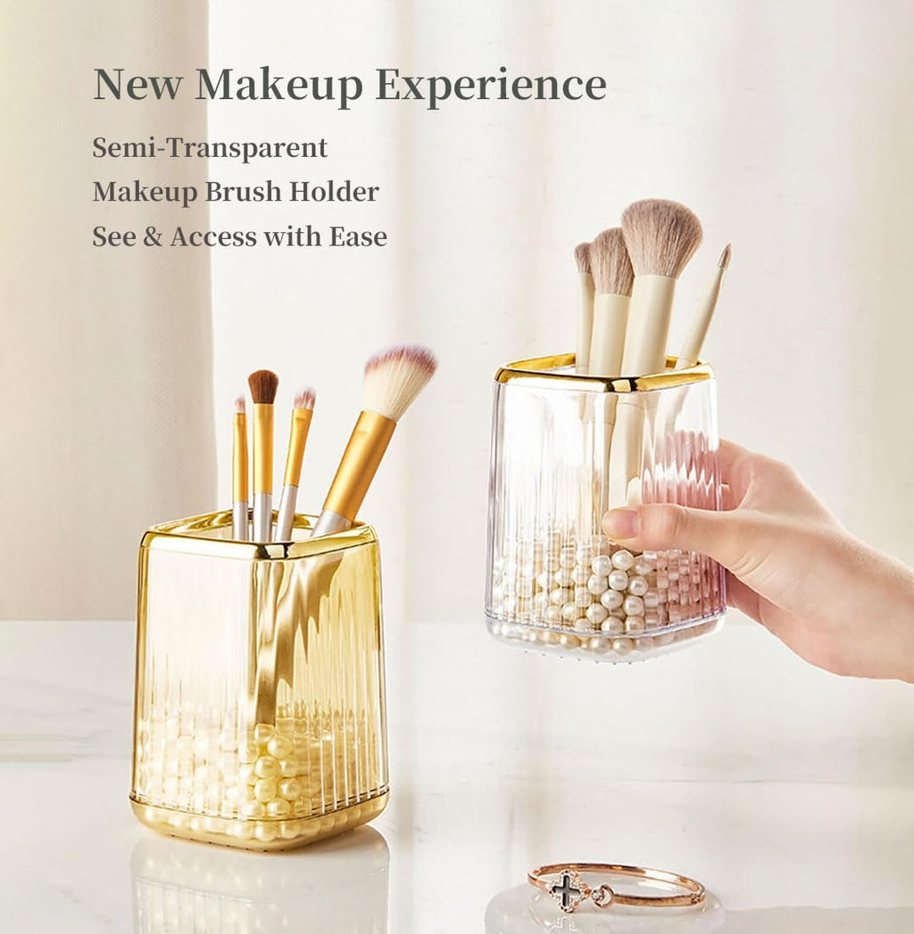 Acrylic Pen Holder, Cute Clear Gold Desk Organizer for Pencils, Makeup Brushes Toothbrushes with Striped Design for Vanity Bathroom Storage Cup