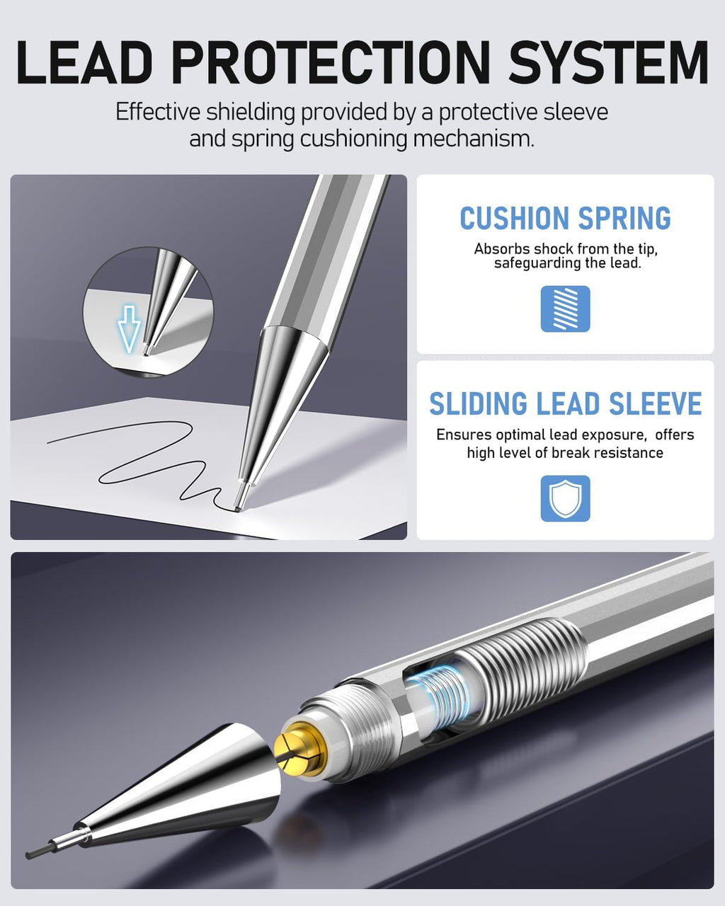 Mechanical Pencil Set, 0.7mm 4-Pack with Case, Metal Body, Medium Point