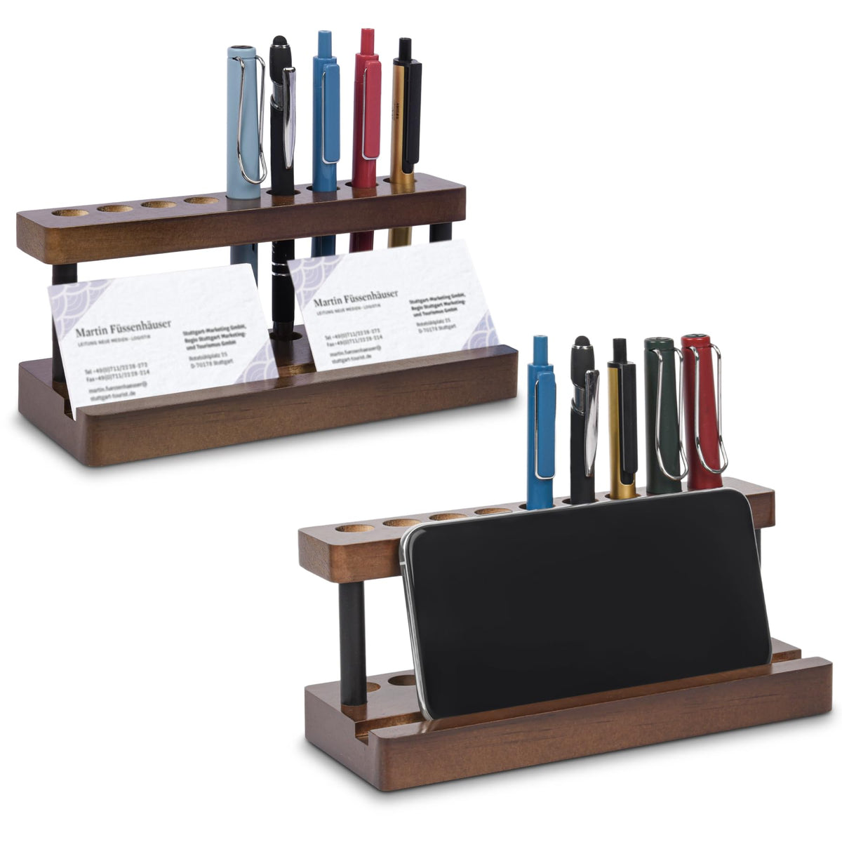 Wooden Pen Holder for Desk, Wood Pencil Holder Fountain Pens Display Stand with 9 Slots and Phone Holder, Stylish Office Desk Decor, Pen Organizer for Office, Home