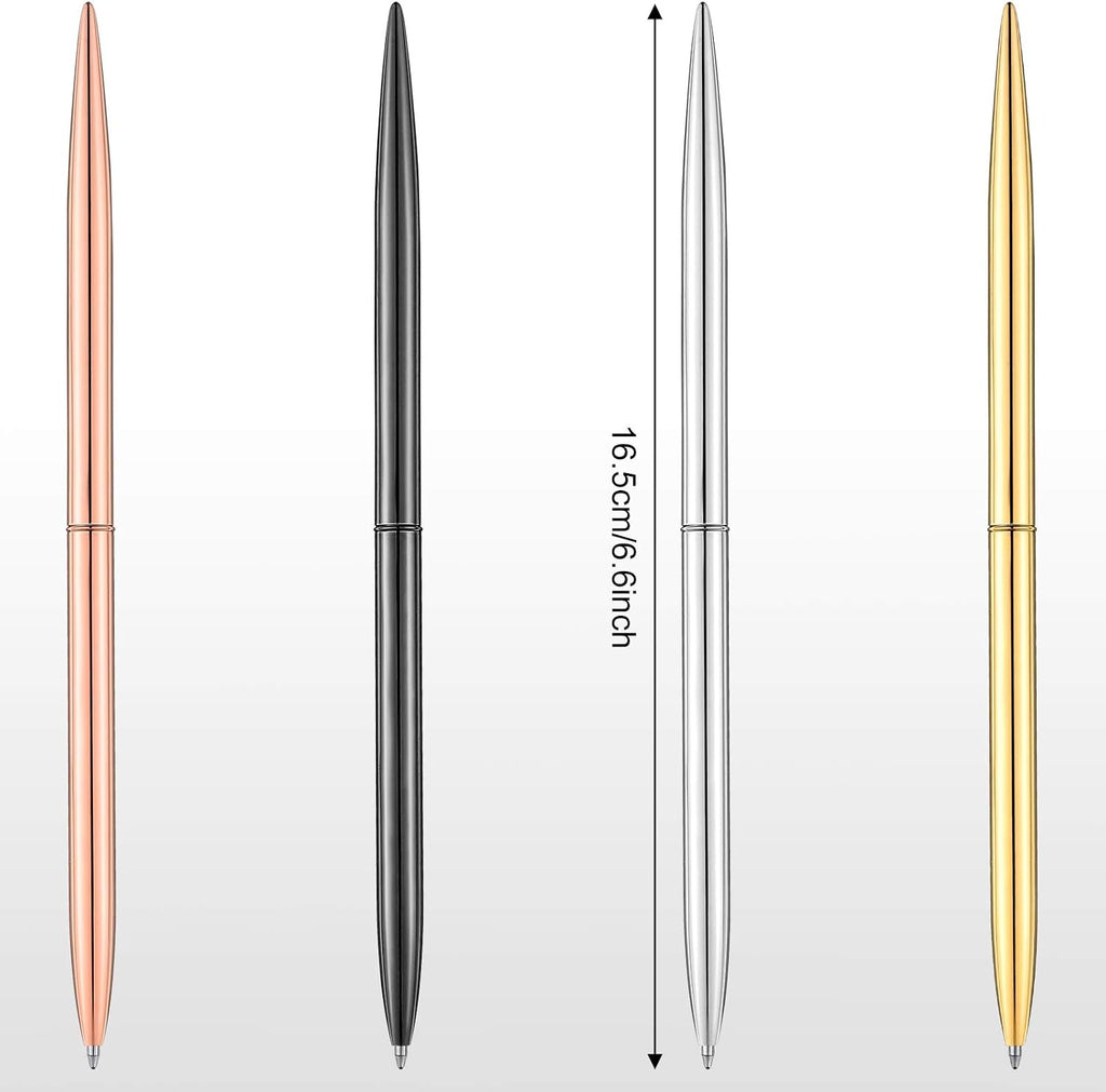 Zonon 8 Piece Gold Slim Pens Metal Ballpoint Rose Metallic Twist Black Ink Pen 1.0 mm Glossy Retractable Writing for Home School Students Teachers Wedding Gift, Rose, Gold, Steel, Silver
