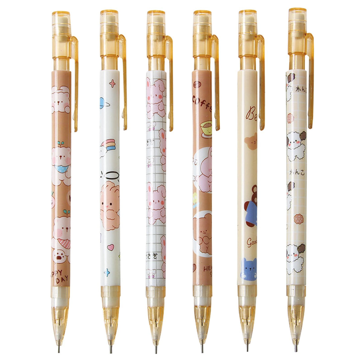 MOZXIRZ 6 Pcs Cute Mechanical Pencils with Eraser 0.5mm Cartoon Peach Mechanical Pencil School Pencil for Women (6pcs Peach/No Refill)