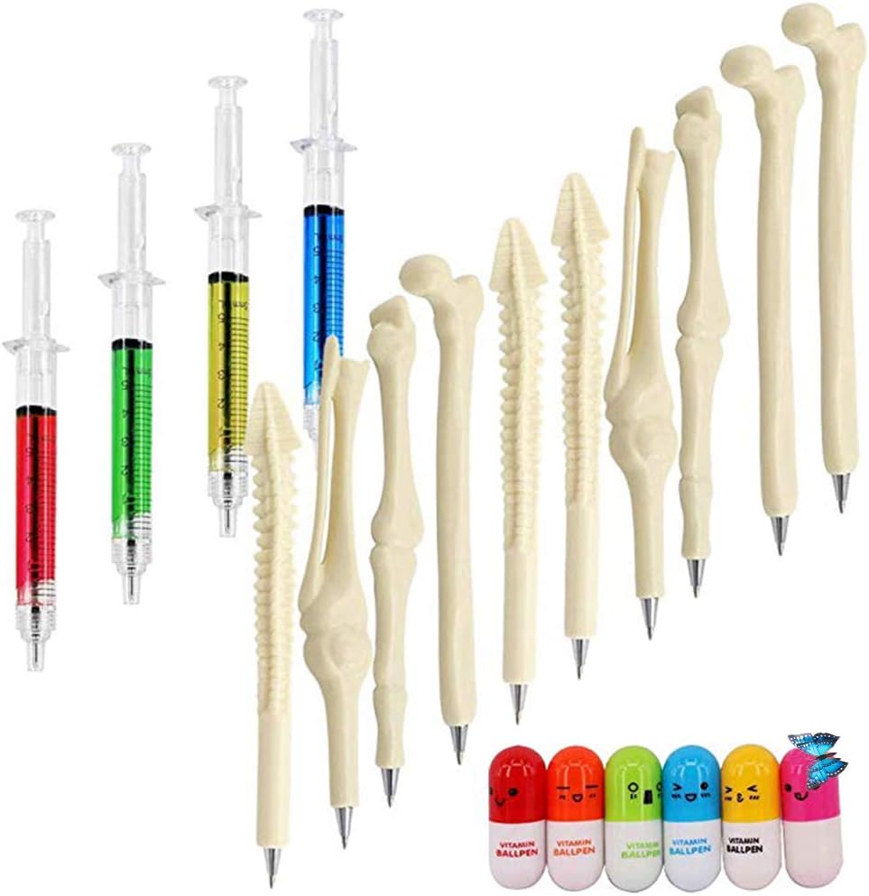 4 Syringe Pens + 6 Pill Pens + 10 Bone Design Ballpoint Pens - Medical Theme Nurse Gifts & Novelty Pen Set for Halloween, Thanksgiving & Christmas