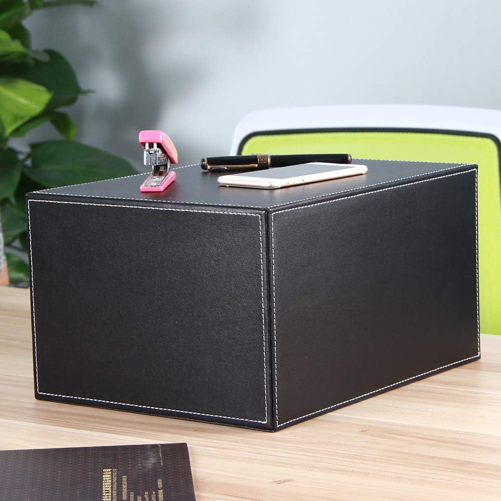 High-end PU Leather Desk Organizer File Cabinet Executive Office Supplies Desktop Filing A4 File Cabinet Stackable Storage Organizer Box with 3 Drawers (Black)…