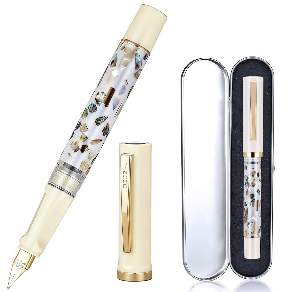 Jinhao 58 Fountain Pen Gift Set of 2 - Natural Sea Shell Inlay Fine Nib Luxury Writing Pens with Jinhao Orange Box & Ink Converters, Black & White