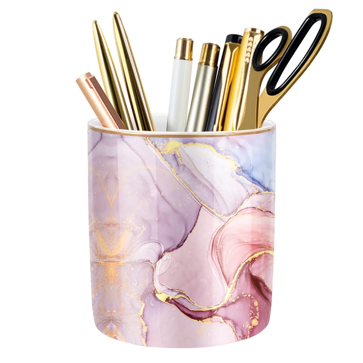 Large Capacity Colored Pen Holder for Desk, Ceramic Pencil Holder Pen Cup Marker Holder Makeup Brush Holders, Desk Accessories & Workspace Organizers for Home, Office, White Flower