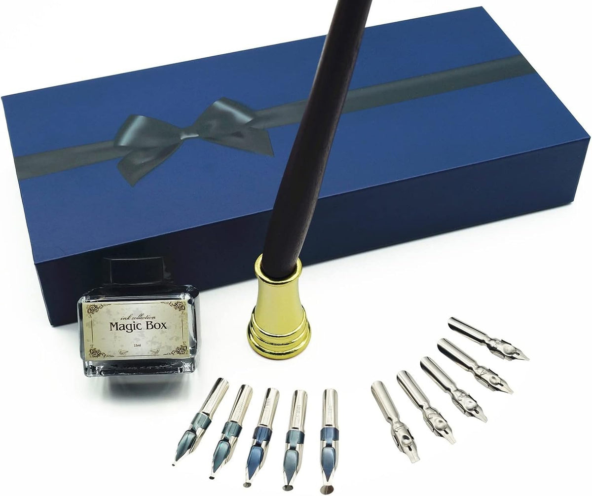 Plotube Calligraphy Pen Set, 11 Nibs, Black Ink, Pen Stand