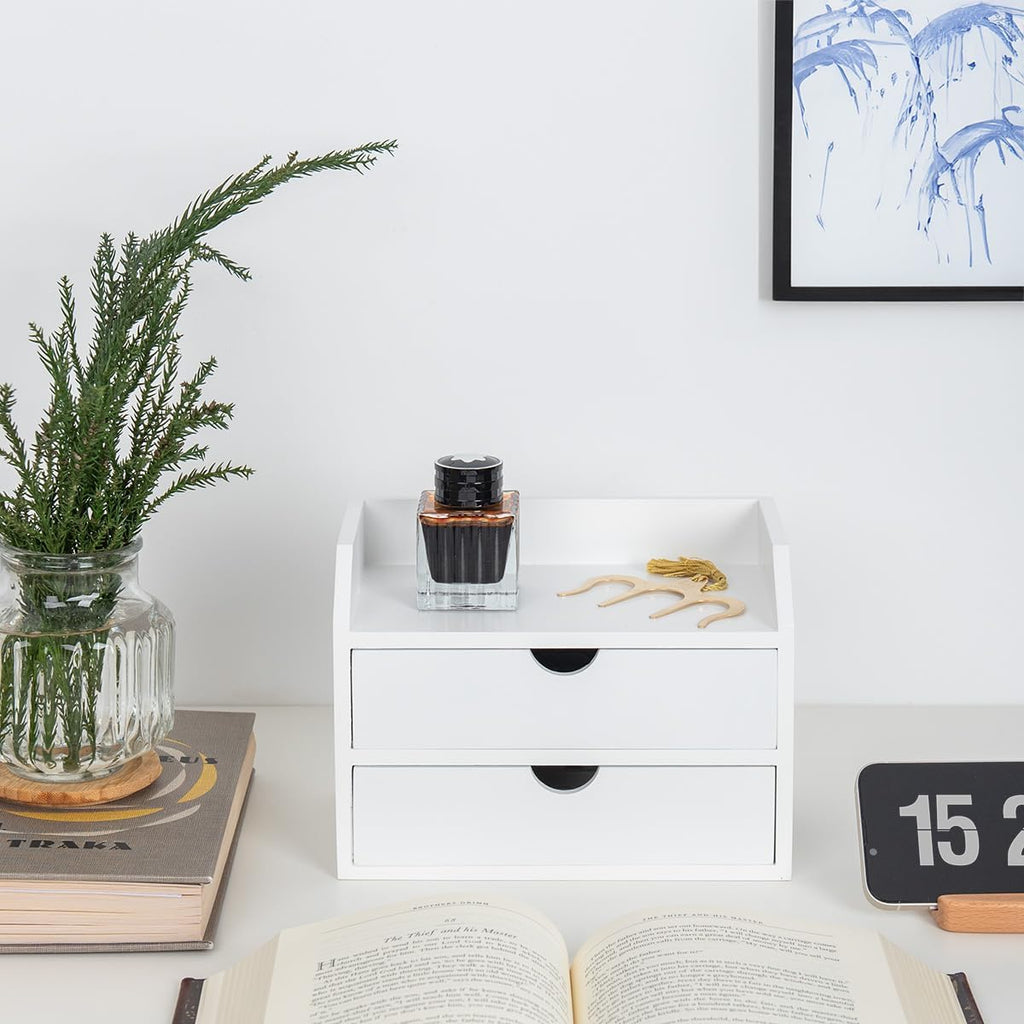 ROSE BLOOM White Wood Desk Organizer with 2 Drawers, Mini Cabinet with Storage Shelf for Tabletop, Small Box for Cosmetic Office Supplies