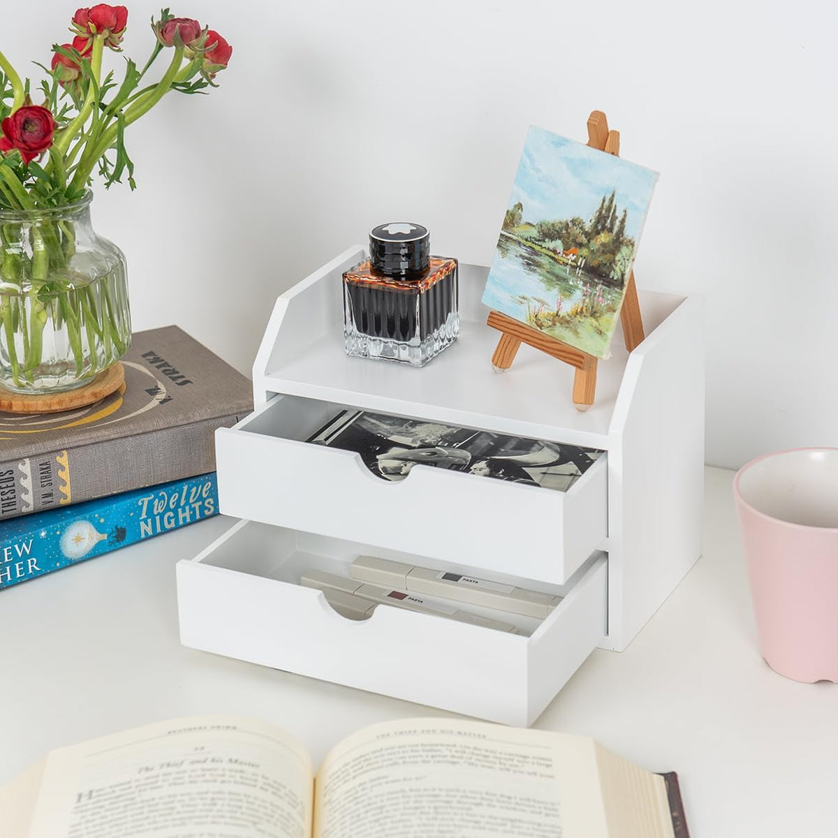 ROSE BLOOM White Wood Desk Organizer with 2 Drawers, Mini Cabinet with Storage Shelf for Tabletop, Small Box for Cosmetic Office Supplies