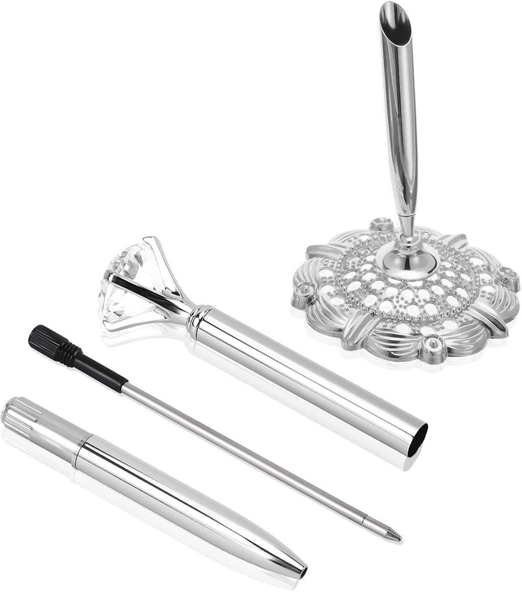 Hollow Round Pen Holder Signing Pen Set with Big Diamond Crystal Pen for Wedding Bridal Opening Ceremony Graduation Office, Silver(Black Ink)
